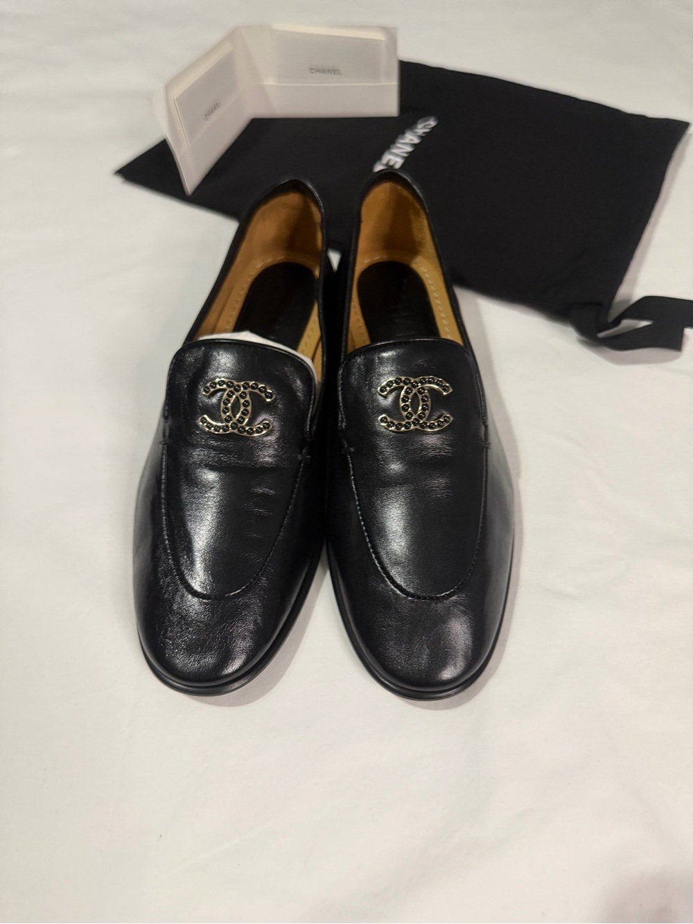 CHANEL Black Leather CC-Chain Slip-On Loafers